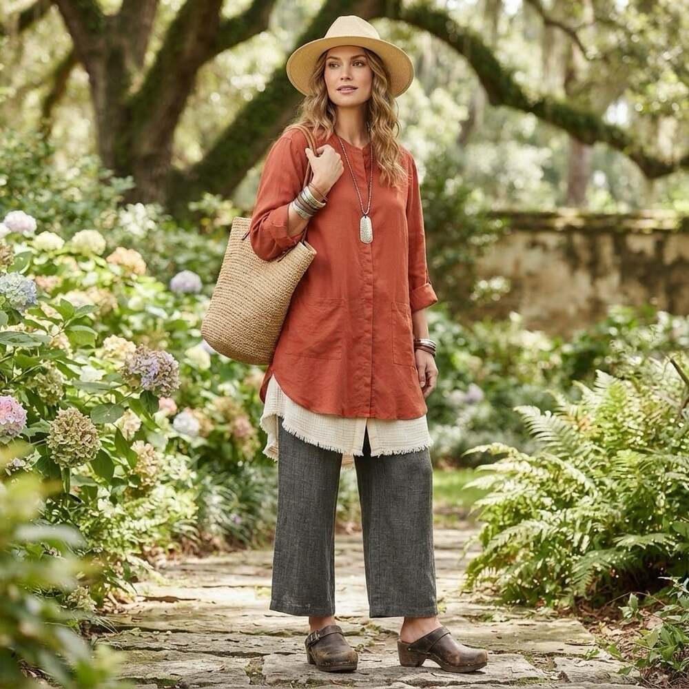 Tahari Sz 2X 100% Linen Button Up Tunic Top Rust Orange Pockets Lagenlook